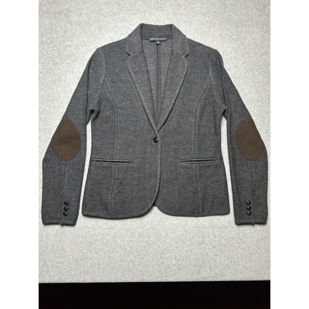 346 Brooks Brothers Gray Wool Stretch Blazer Jacket Brown Elbow Patch Woman's M